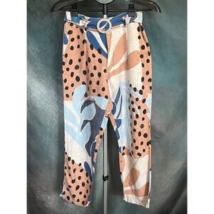 Yonders Print Pants High Waist Cropped Leg Linen Cotton Blend Size Small
